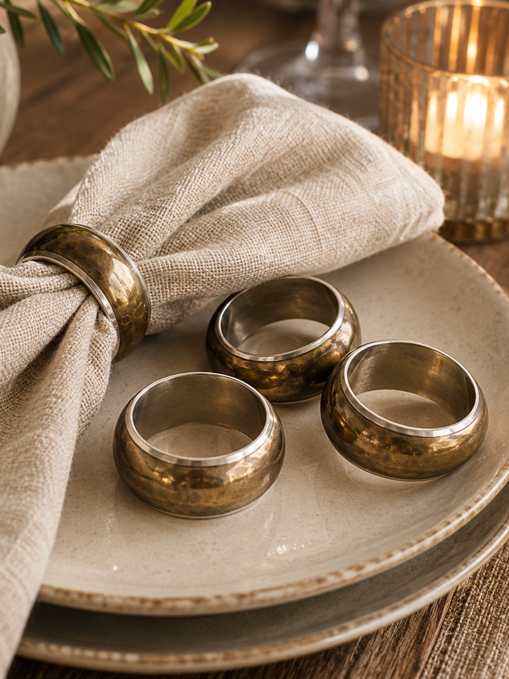 Set of Four Silver and Brass Gold Tone Napkin Rings